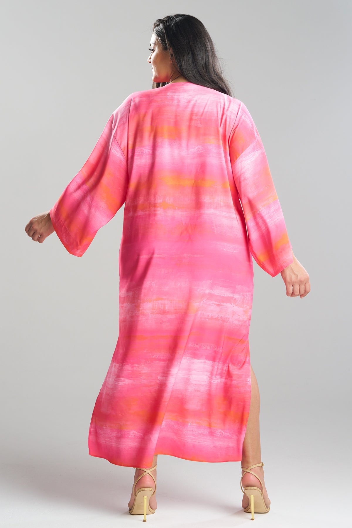 Aurora Printed Satin Slim Caftan Pink Poppy Natori
