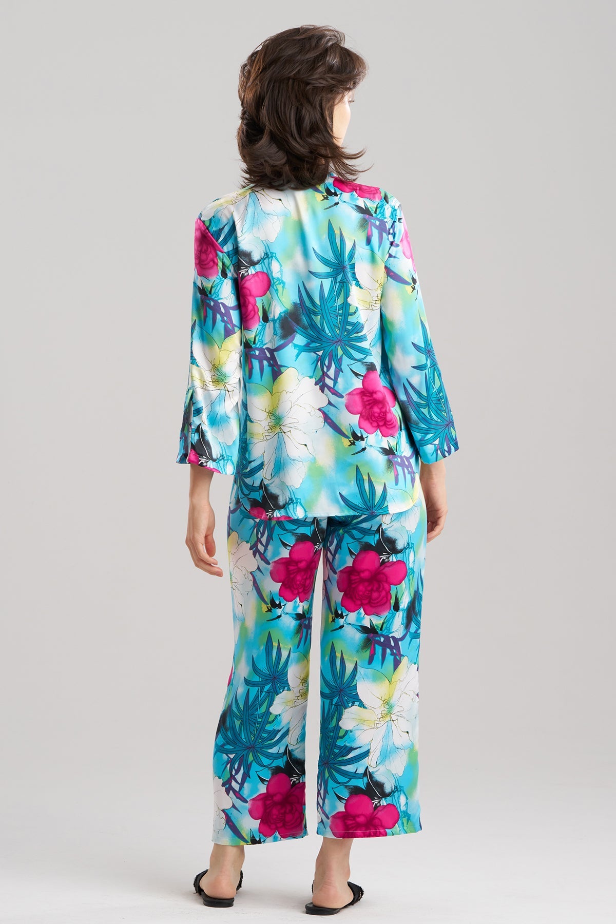 Viva Printed Satin Mandarin PJ Set Teal Natori