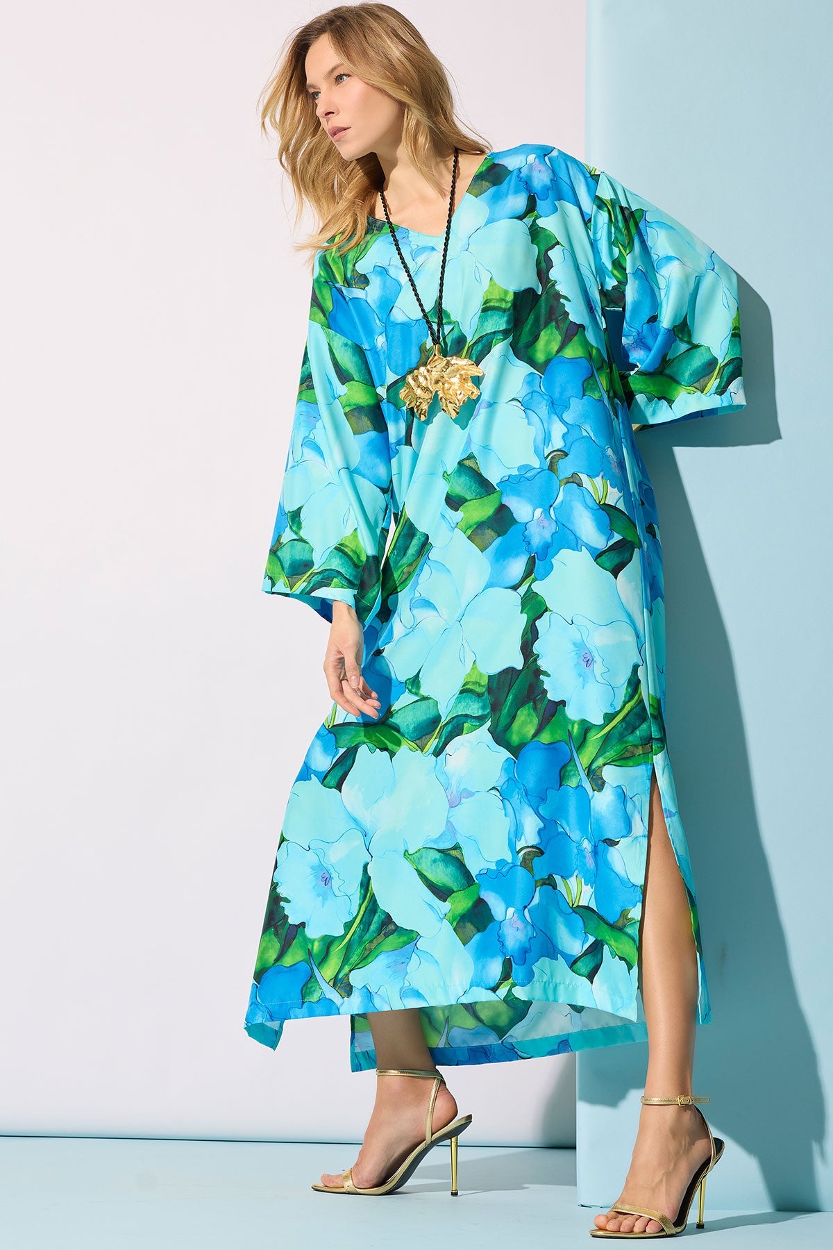 Isla Printed Satin Caftan Blue Natori