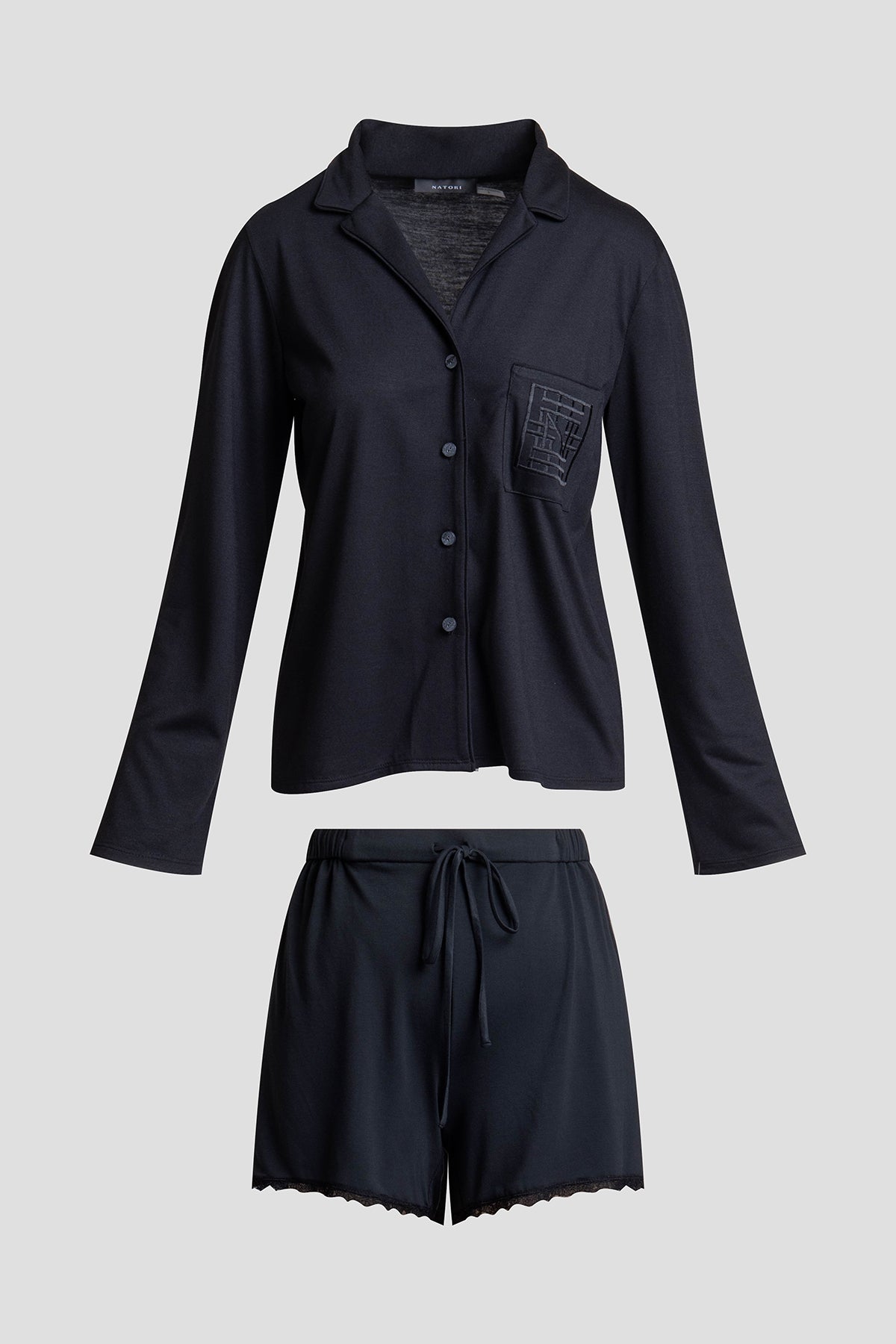 Shangri-La Embroidered TENCEL™ Notch Shorts PJ Black Natori