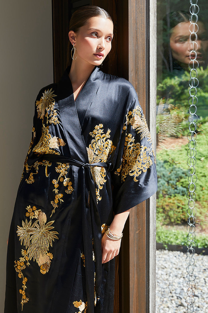 Buy Couture Floral Embroidery Silk Robe in Black Online Black Natori
