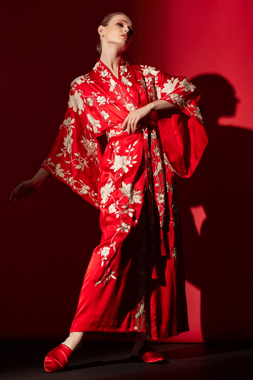 Buy Key Essentials Embroidered Kimono Tassel Silk Robe in Scarlet Online Scarlet Natori