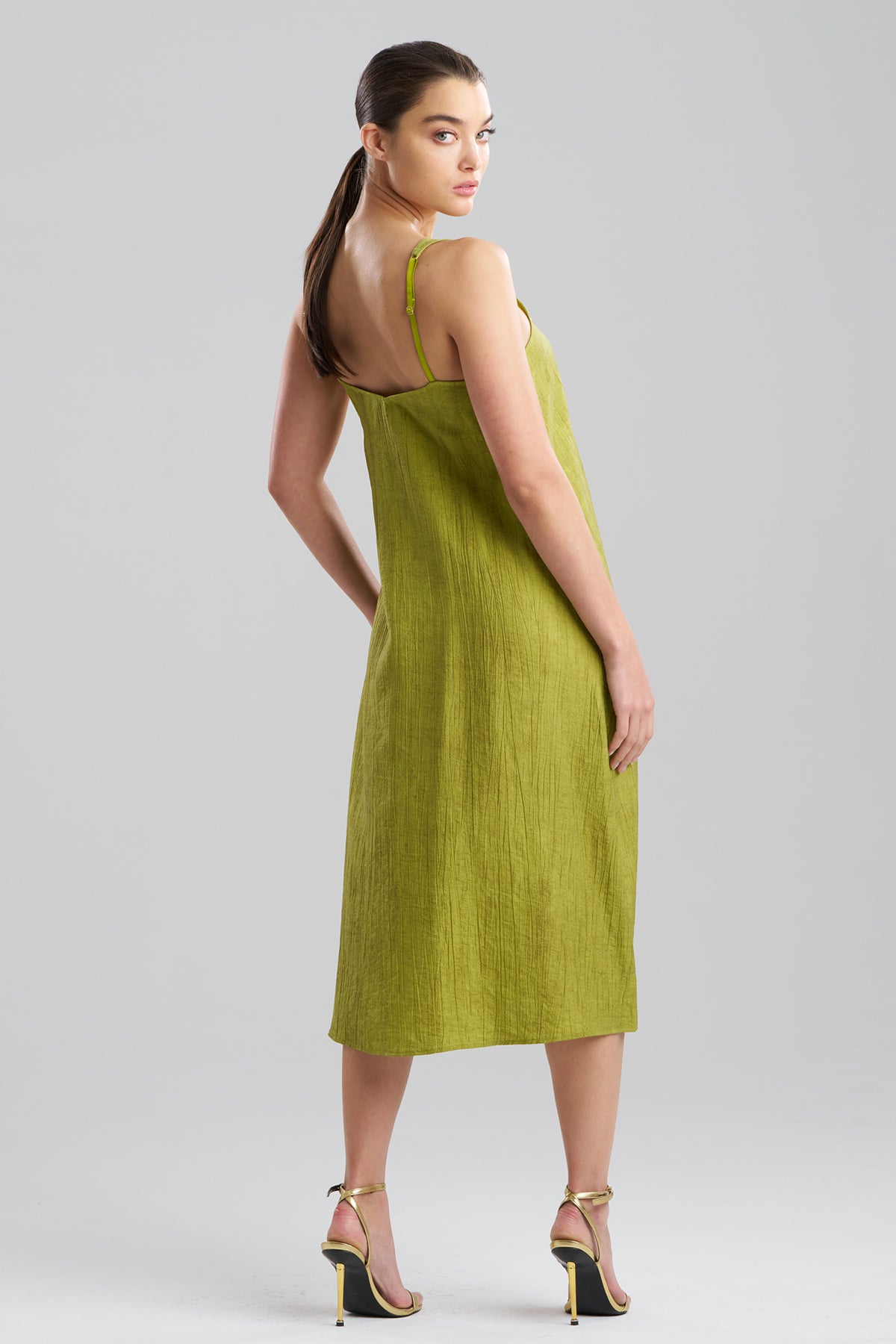 Terra Foil Crinkle Scoop Neck Slip Dress Olive Natori