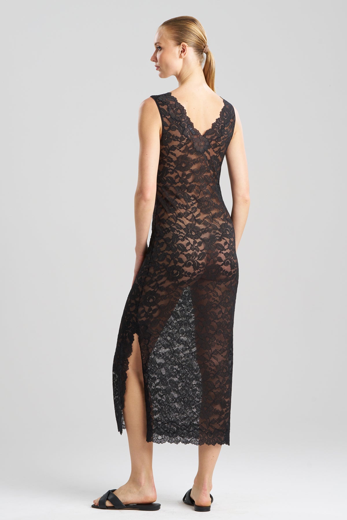 Peony Allover Lace V-Neck Slip Dress Black Natori