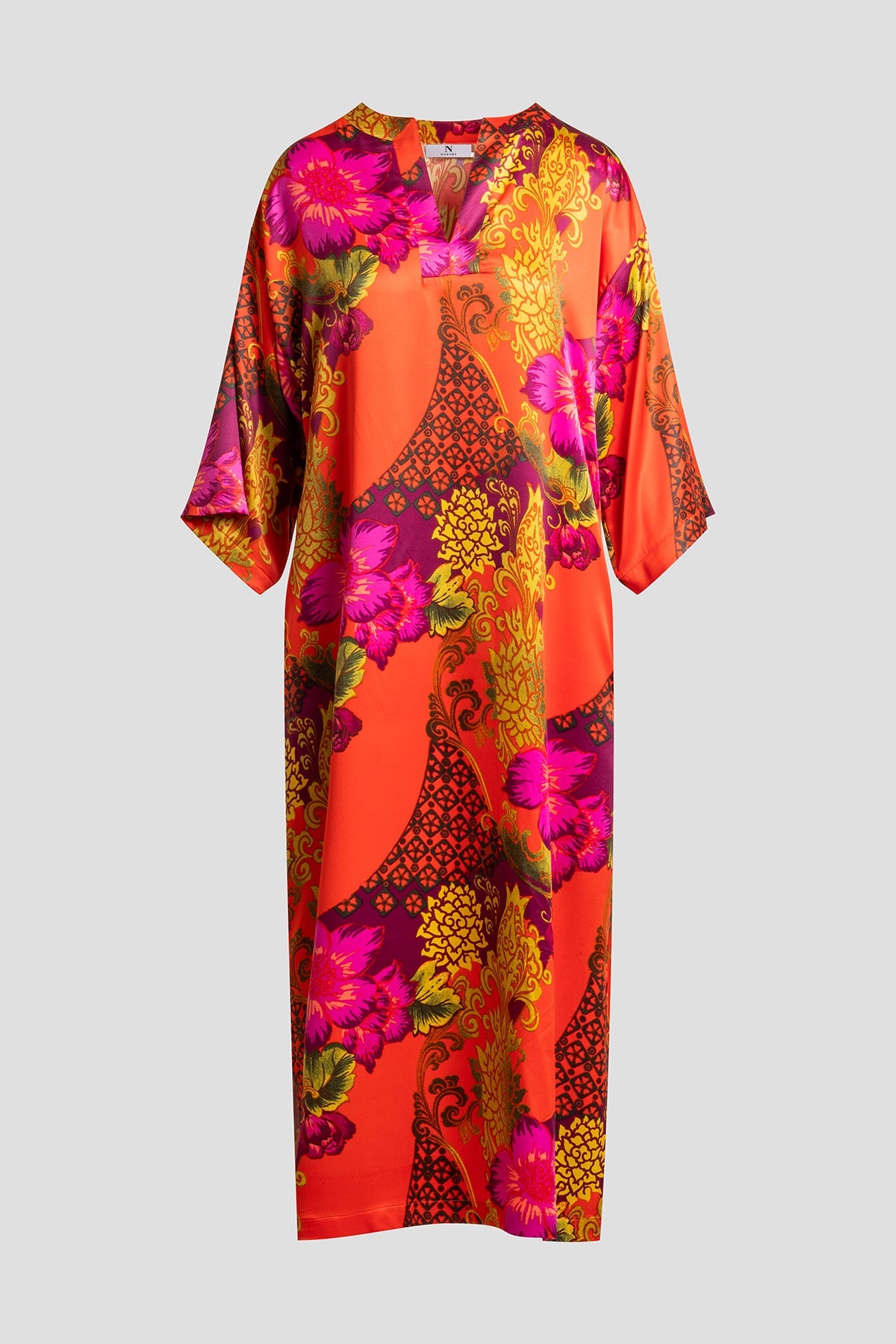 Harvest Printed Satin Slim Caftan Harvest Orange Natori
