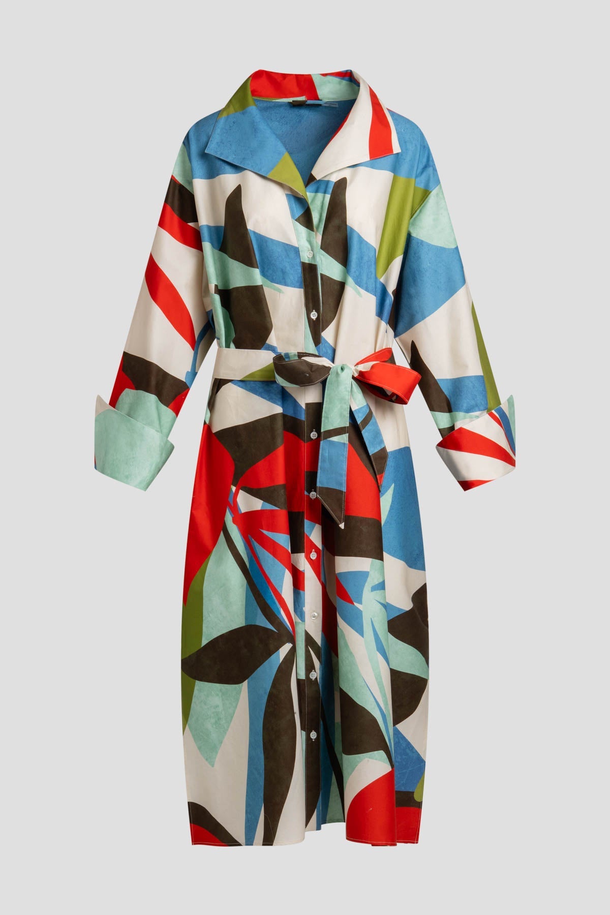 Abstract Palm Cotton Poplin Oversized Button Down Shirtdress Multi Natori