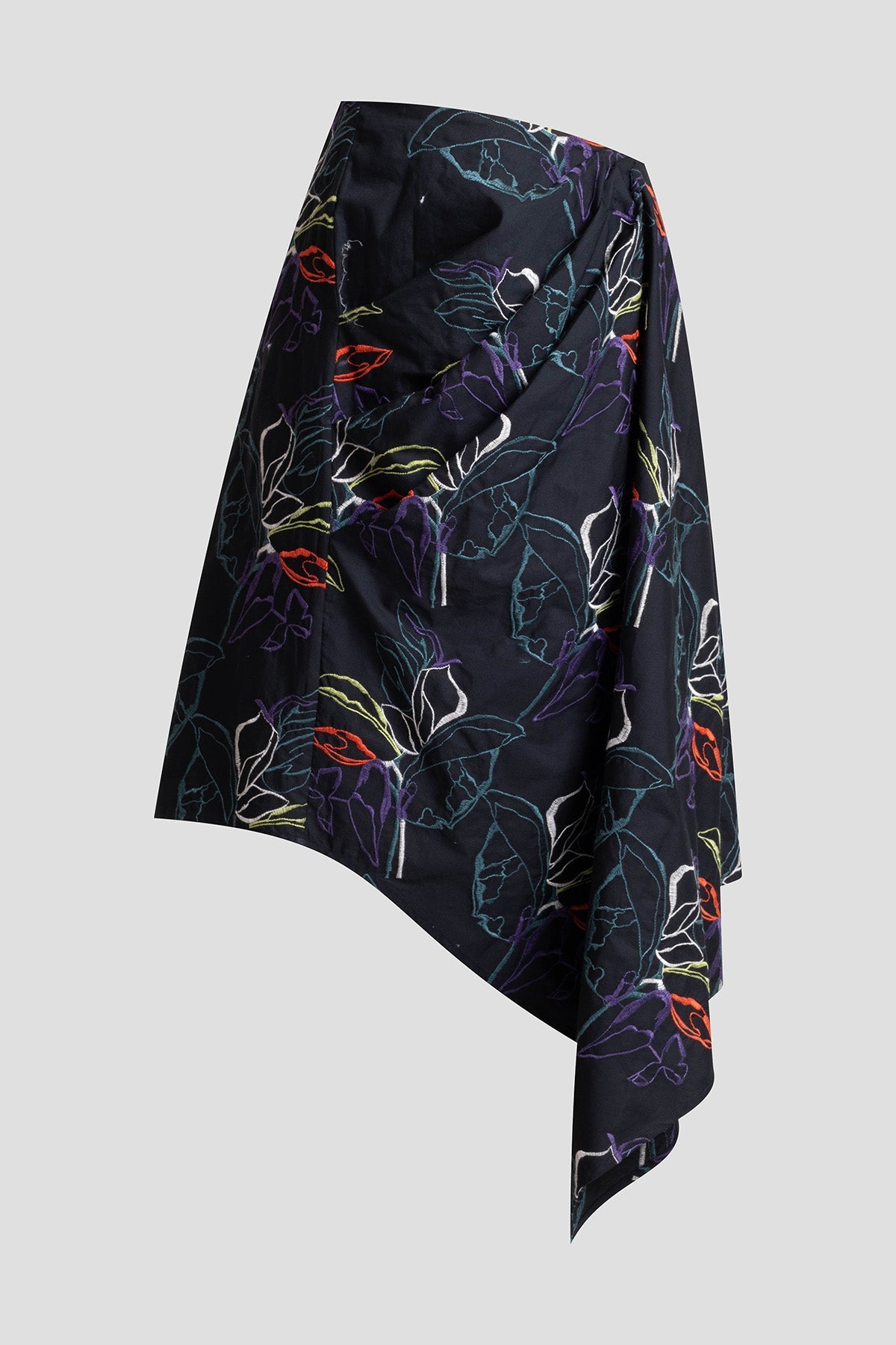 Yoru Embroidered Cotton Poplin Origami Asymmetric Skirt Black Deep Orchid Natori