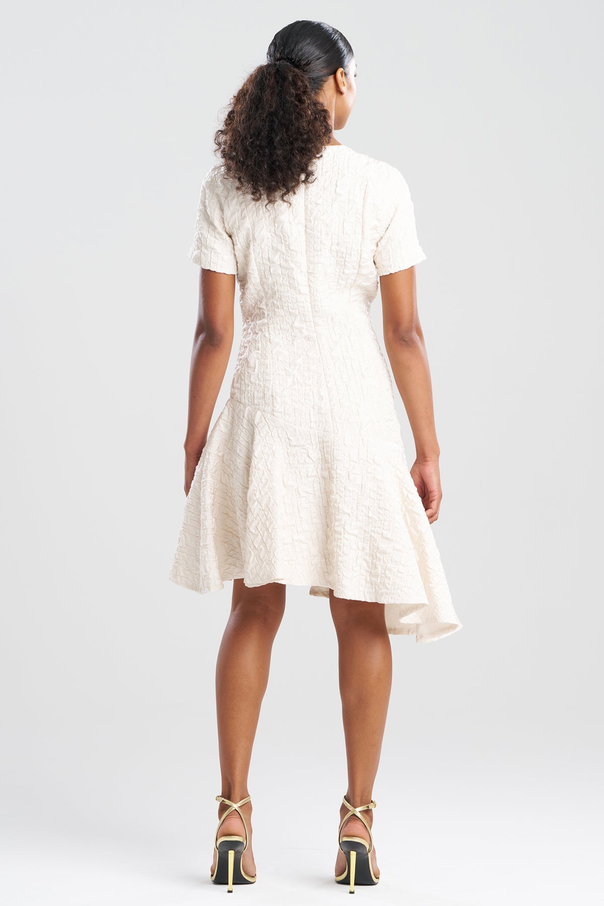 Pebbled Jacquard Short Sleeve Flounce Dress Sandstone Natori