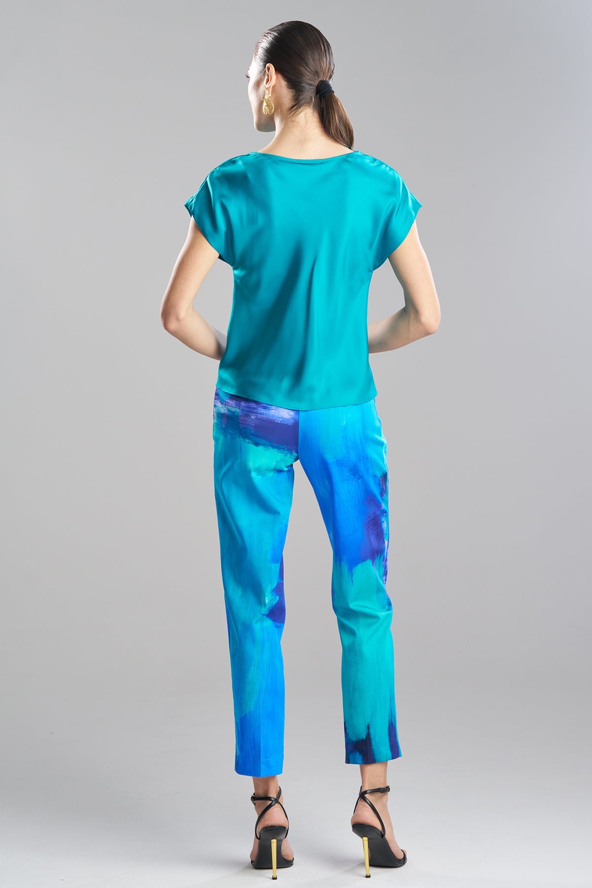 Solid Silk Twill Drape Neck Cap Sleeve Top Rich Turquoise Natori