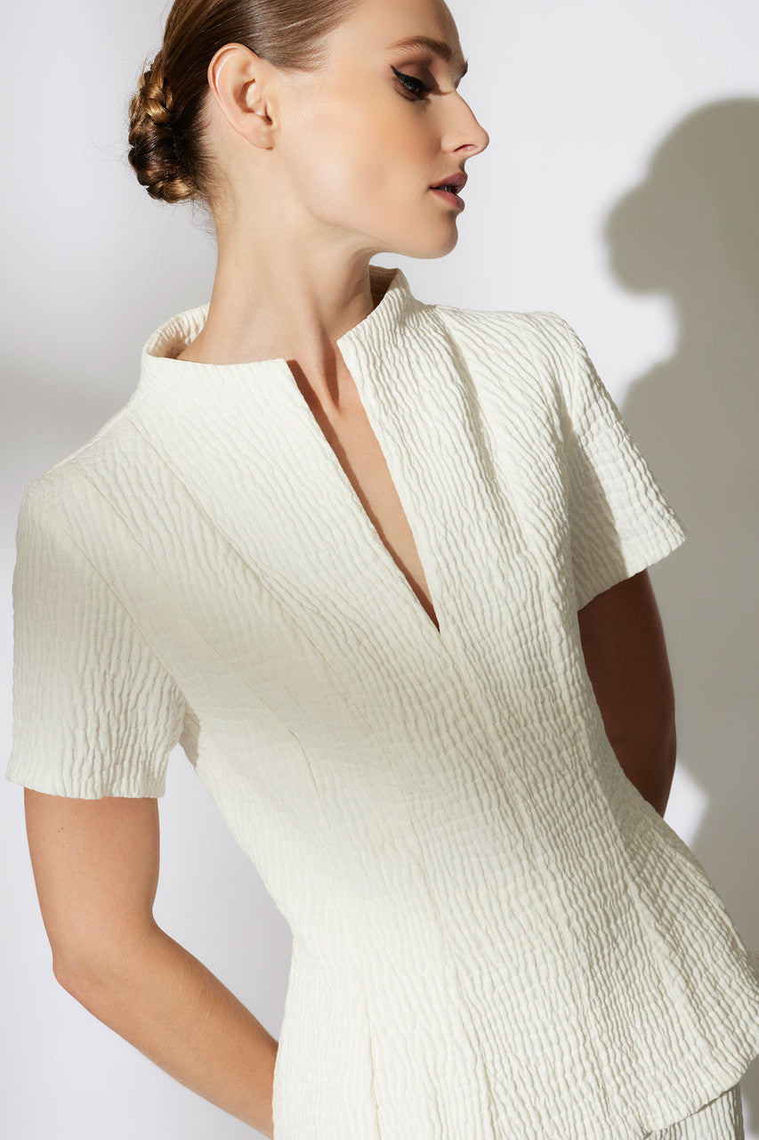 Buy Textured Cotton Jacquard Pleated Top in White Online White Natori