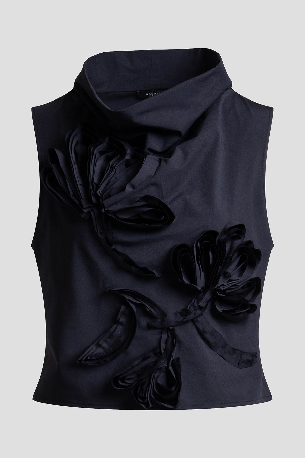 Tech Cotton Taffeta Embroidered Funnel Neck Top Black Natori