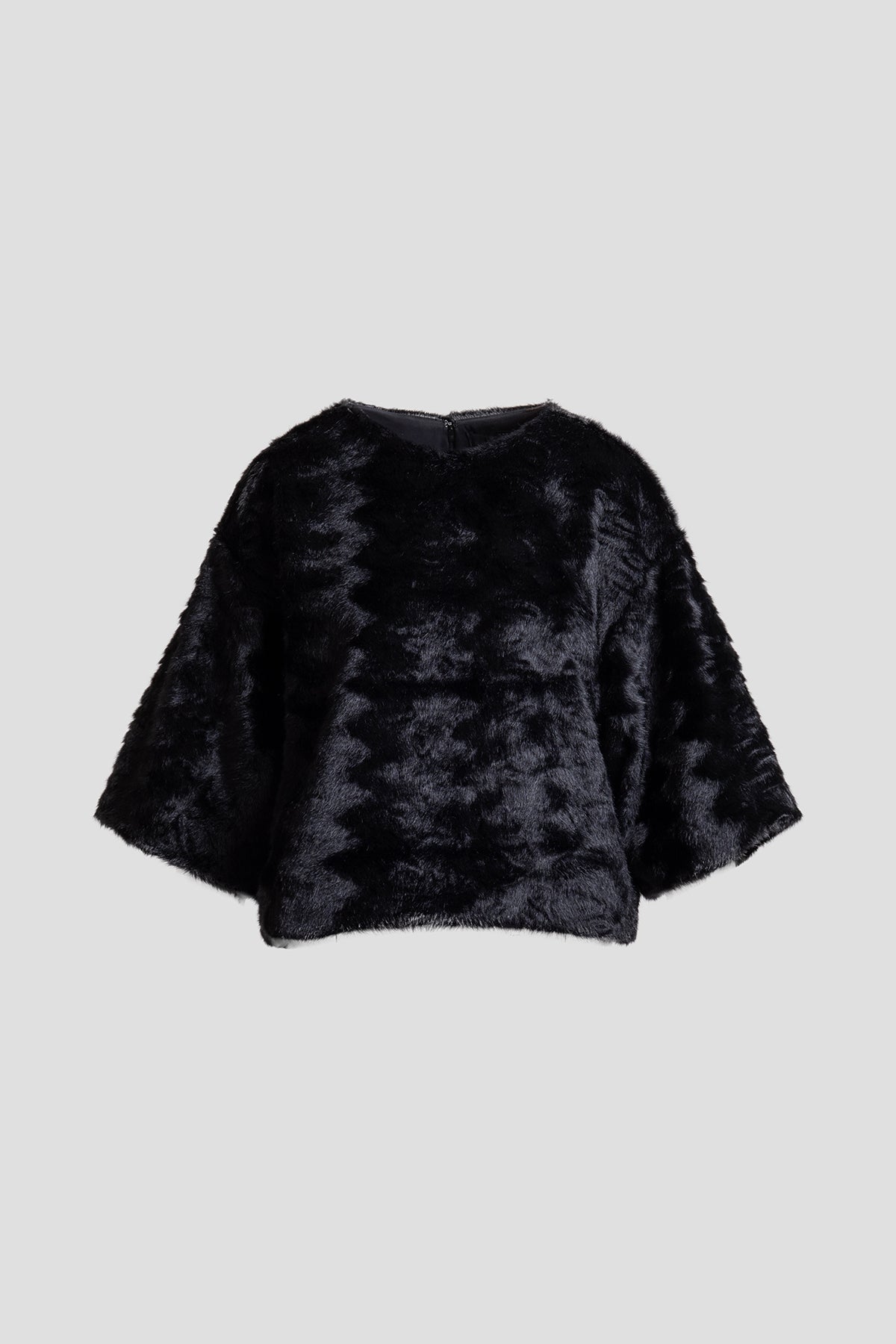 Astrakhan Faux Fur T-Shirt Top Black Natori