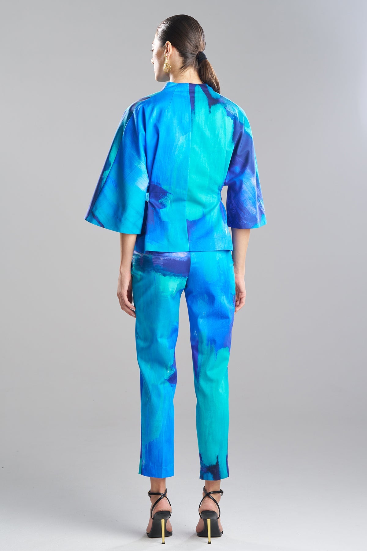 Brushstroke Cotton Chino Belted Kimono Jacket Blue Natori