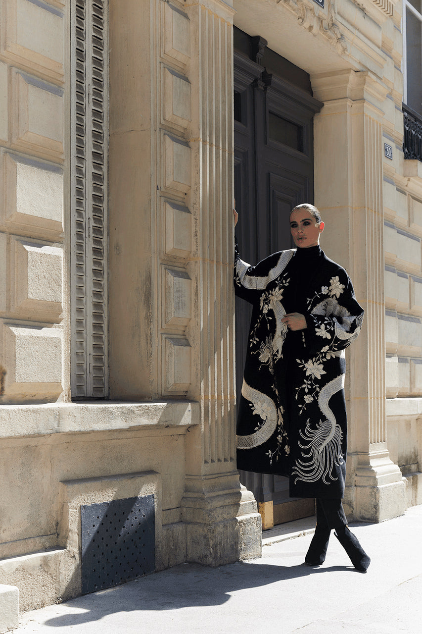 Buy Couture Felt Embroidered Dragon Coat in Black Online Black Natori