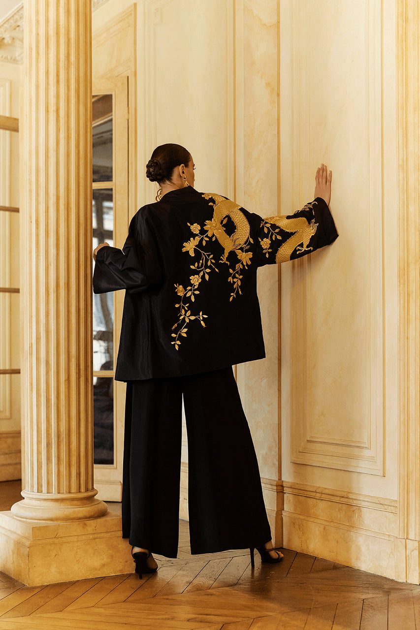 Buy Couture Silk Taffeta Embroidered Dragon Coat in Black Online Black Natori