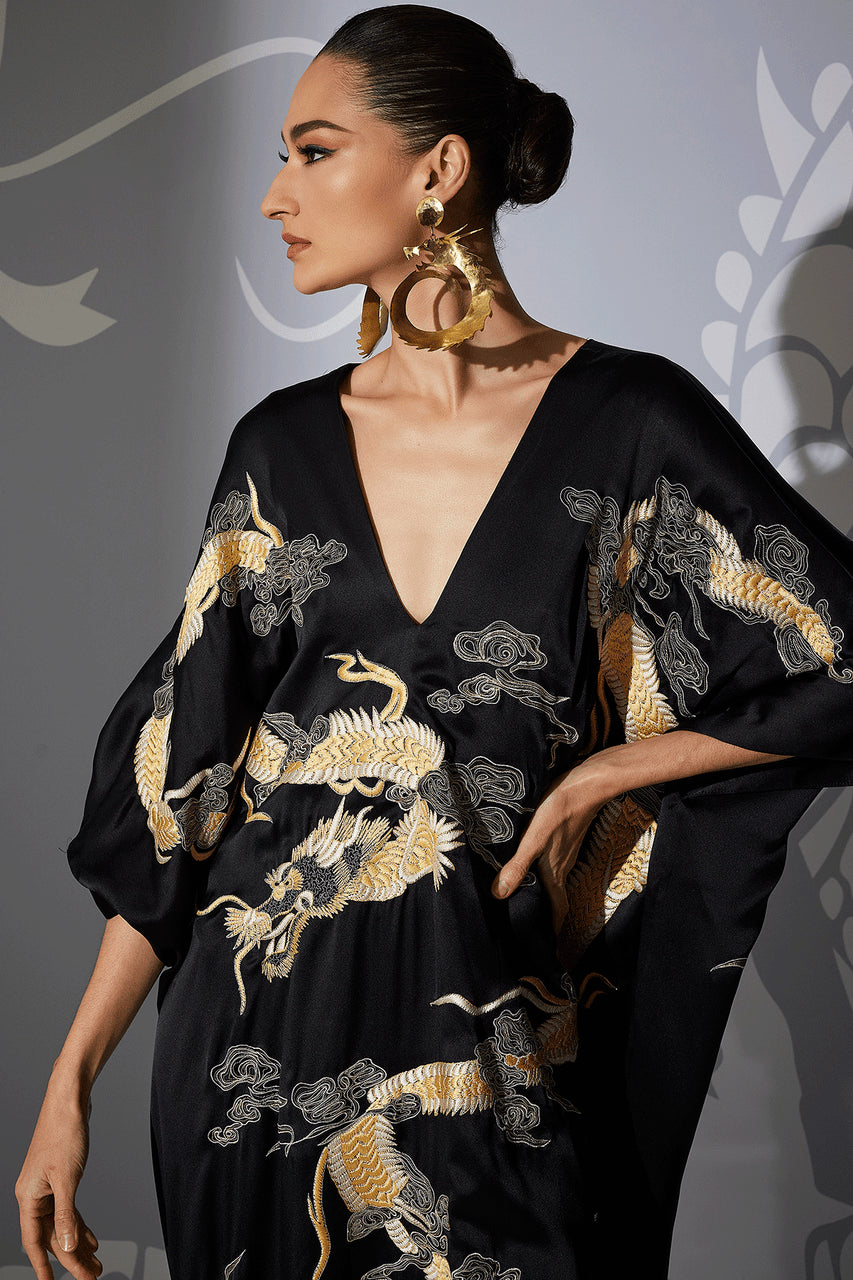 Buy Couture Lucky Dragon Embroidered Cocoon Silk Caftan in Black Online Black Natori