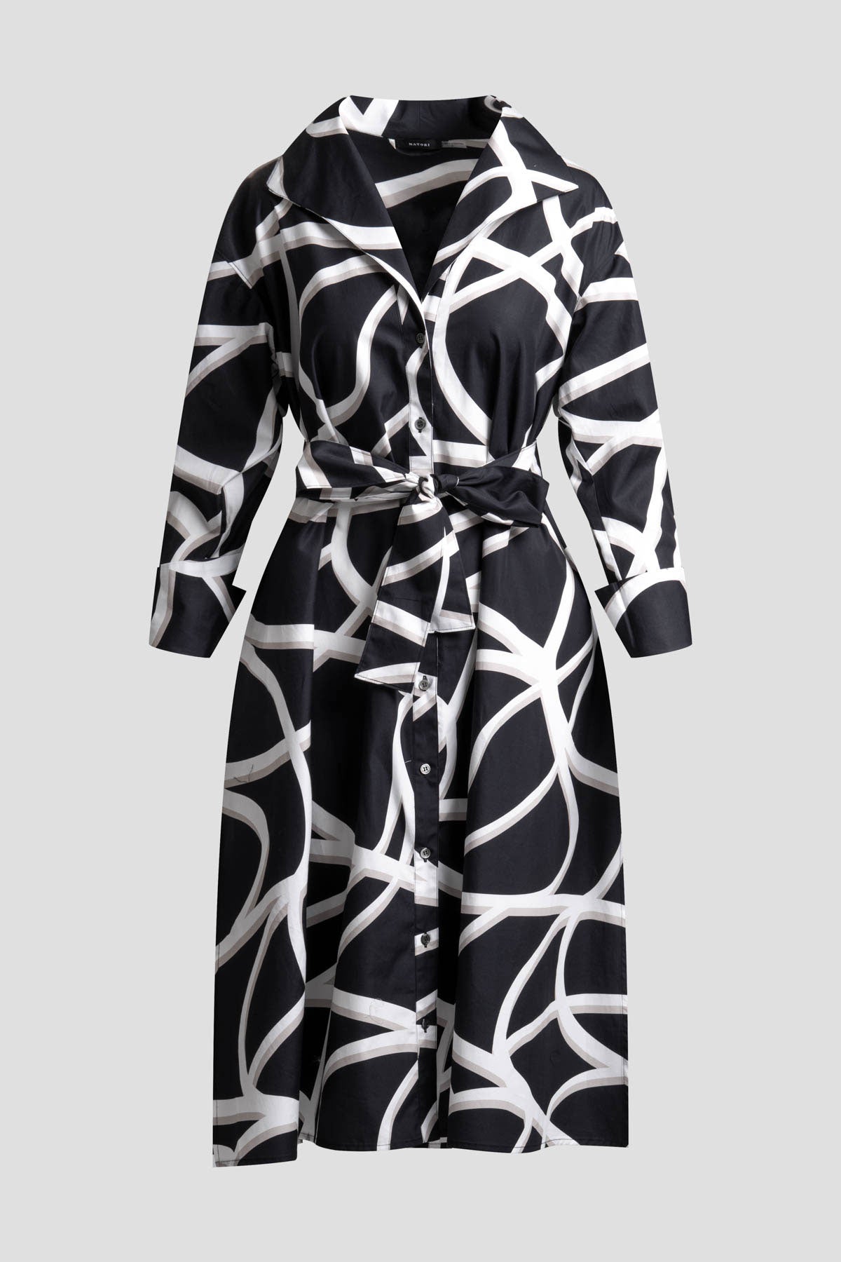 Spiral Cotton Taffeta Oversized Button Down Shirtdress Black/White Natori