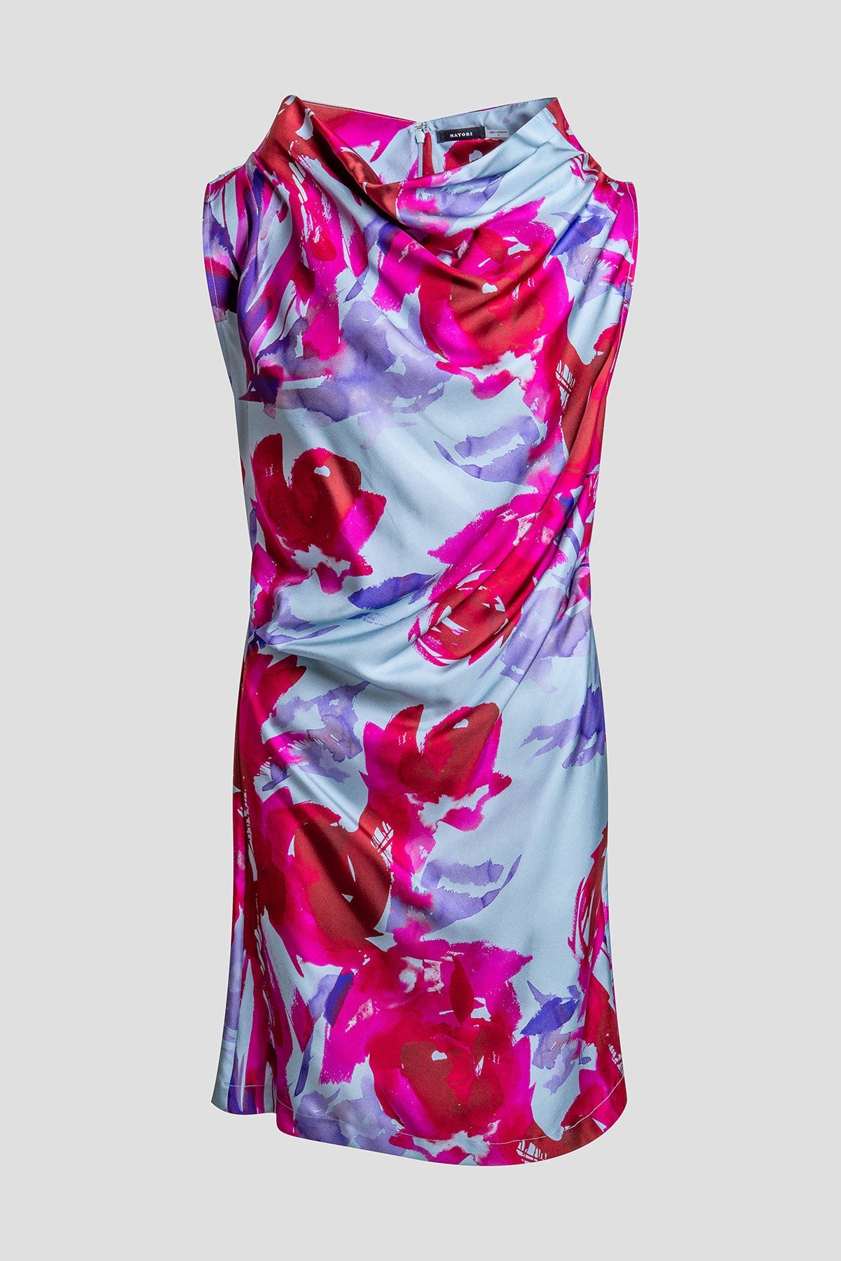 Mira Silk Twill Asymmetric Funnel Neck Dress Fuchsia Natori