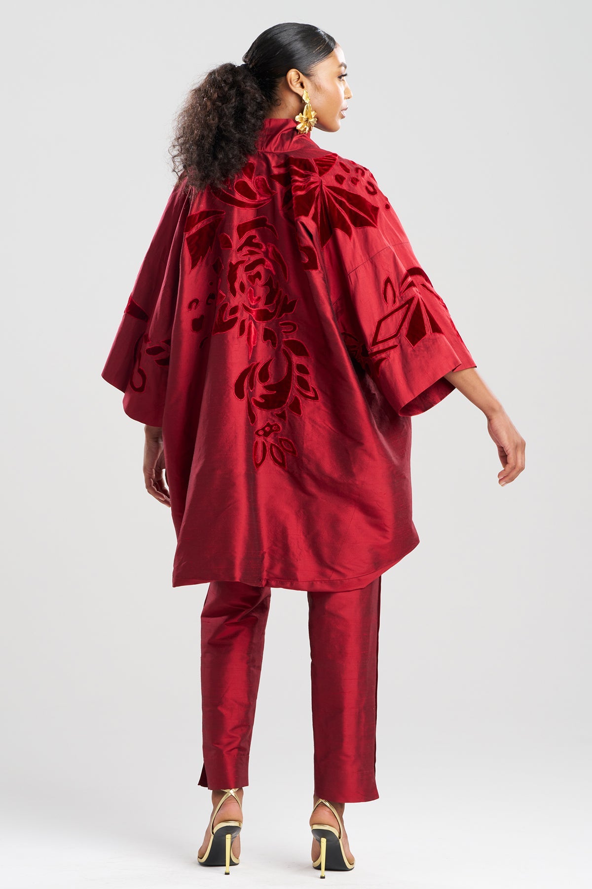 Couture Silk Dupioni Embroidered Coat Red Garnet Natori