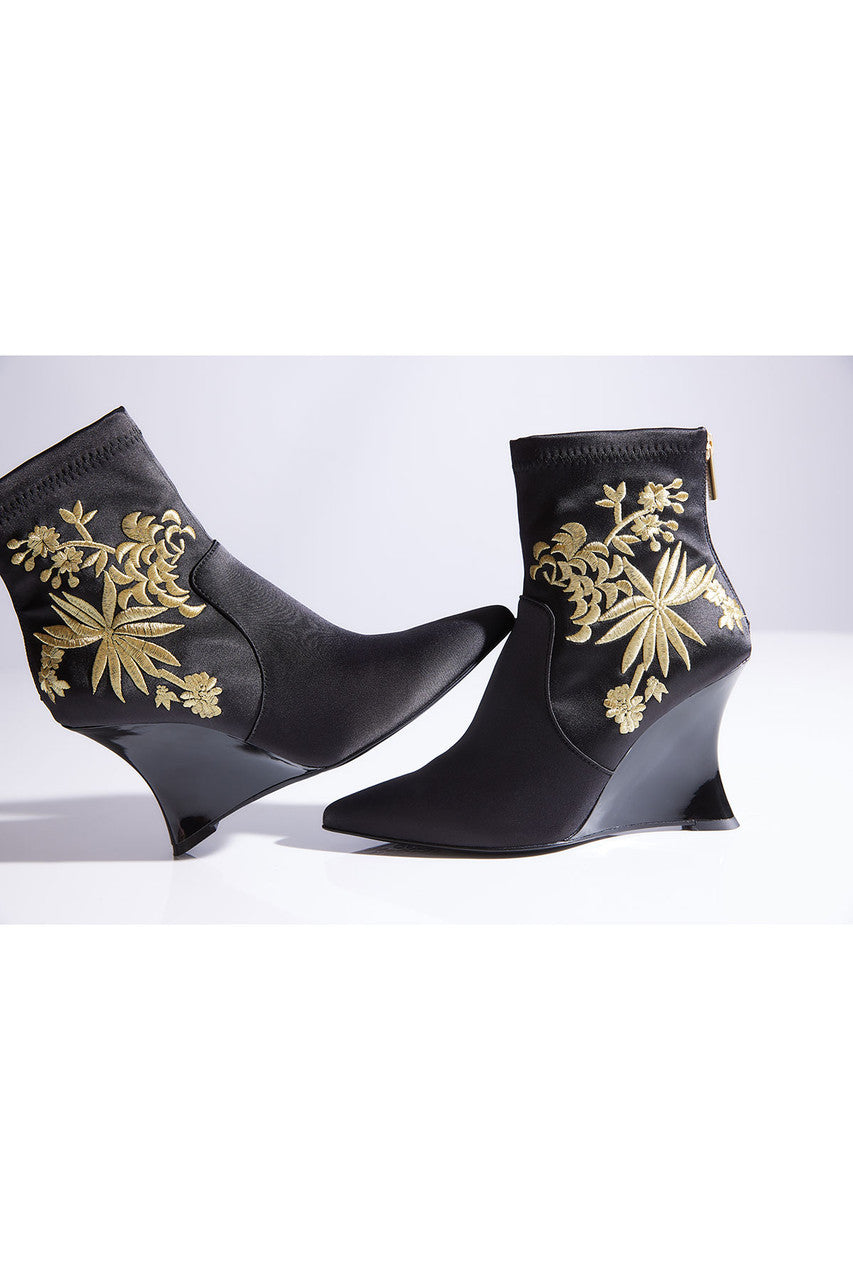 Buy Neko Satin Embroidery Wedge Ankle Boot in Black/Gold Online Black/Gold Natori
