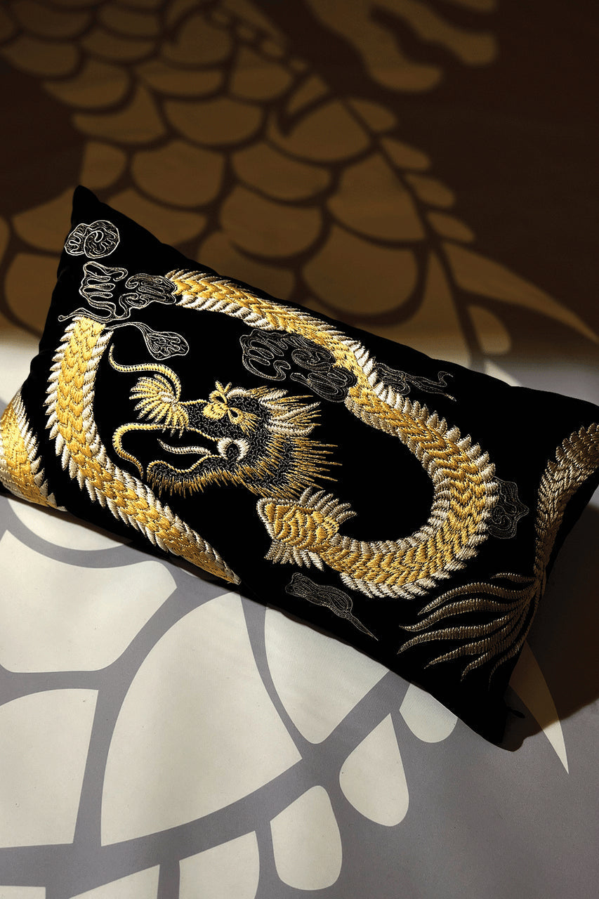 Buy Luxe Charm Dragon Embroidered Oblong Pillow in Black Online Black Natori