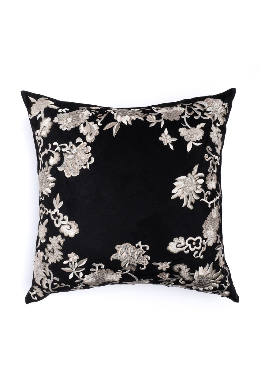 Buy Faux Suede Mandarin Embroidered Trim Pillow in Black Online Black Natori