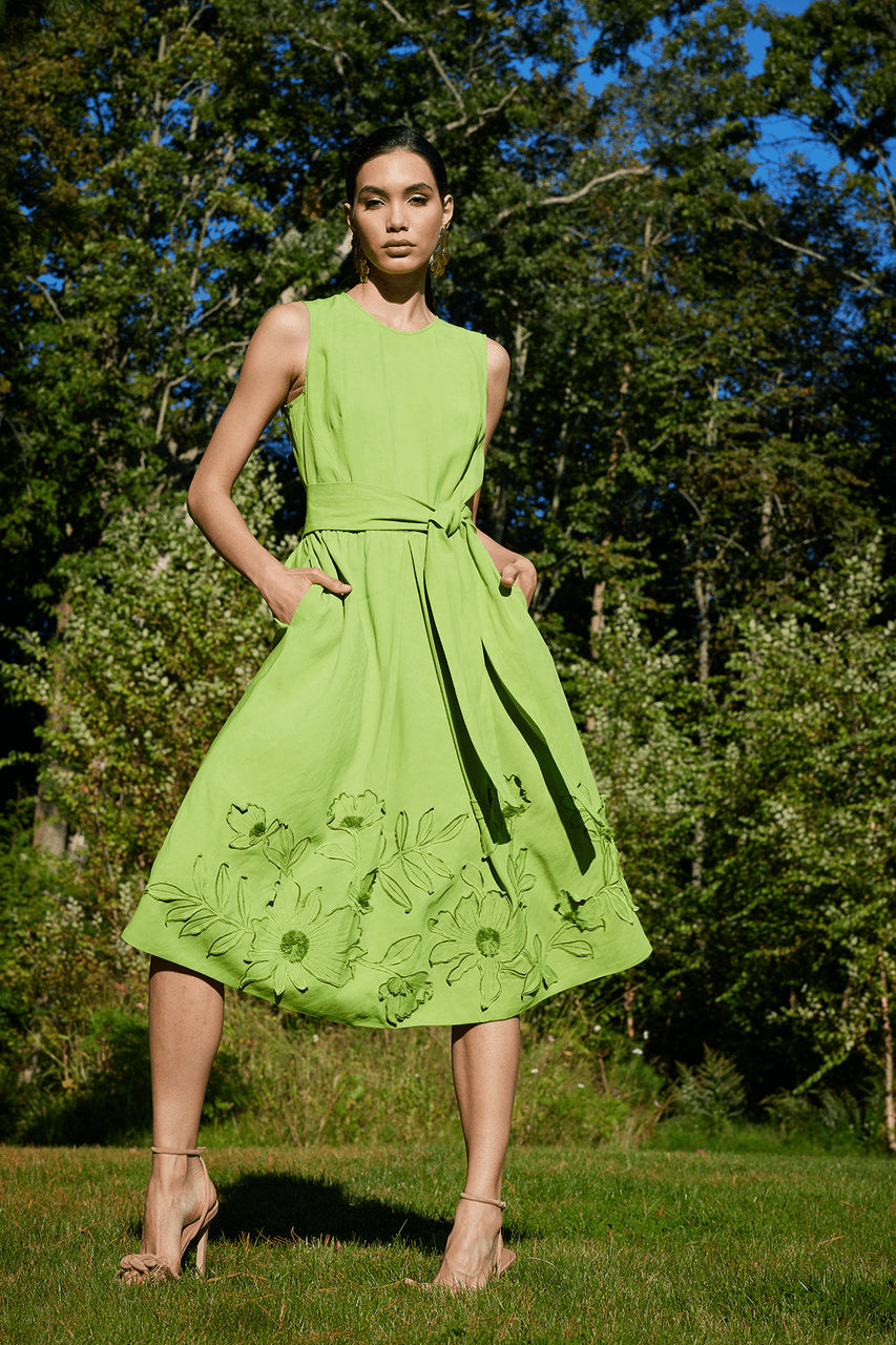 Buy Linen Embroidered Fit & Flare Dress in Pear Online Pear Natori