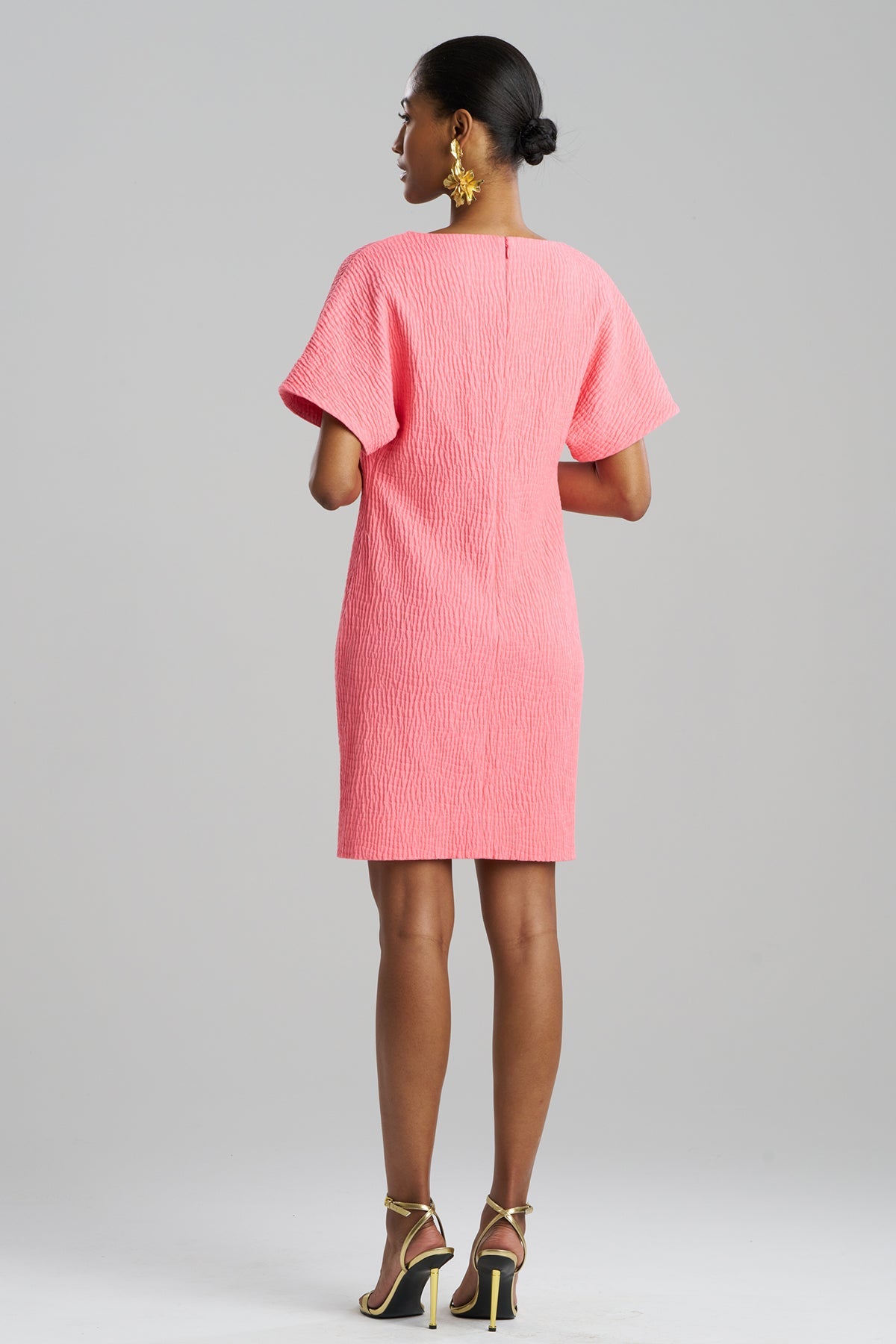 Textured Cotton Jacquard Short Sleeve Sheath Dress Flamingo Pink Natori
