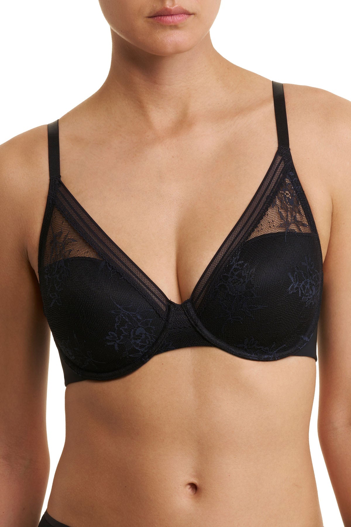 Love Lace Full Coverage Plunge T-Shirt Bra Black/Midnight Navy Natori