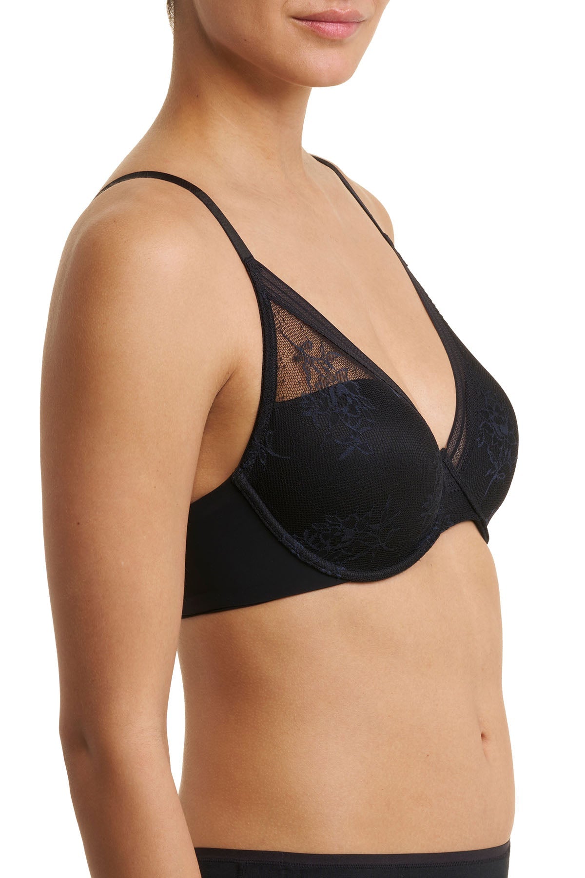 Love Lace Full Coverage Plunge T-Shirt Bra Black/Midnight Navy Natori