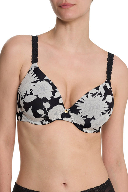 Pure Luxe Custom Coverage Contour Underwire Bra Black Garden Rose Print Natori