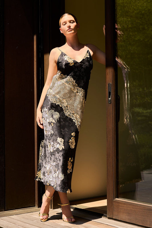 Imperial Dragon Jacquard Slip Dress Black Natori