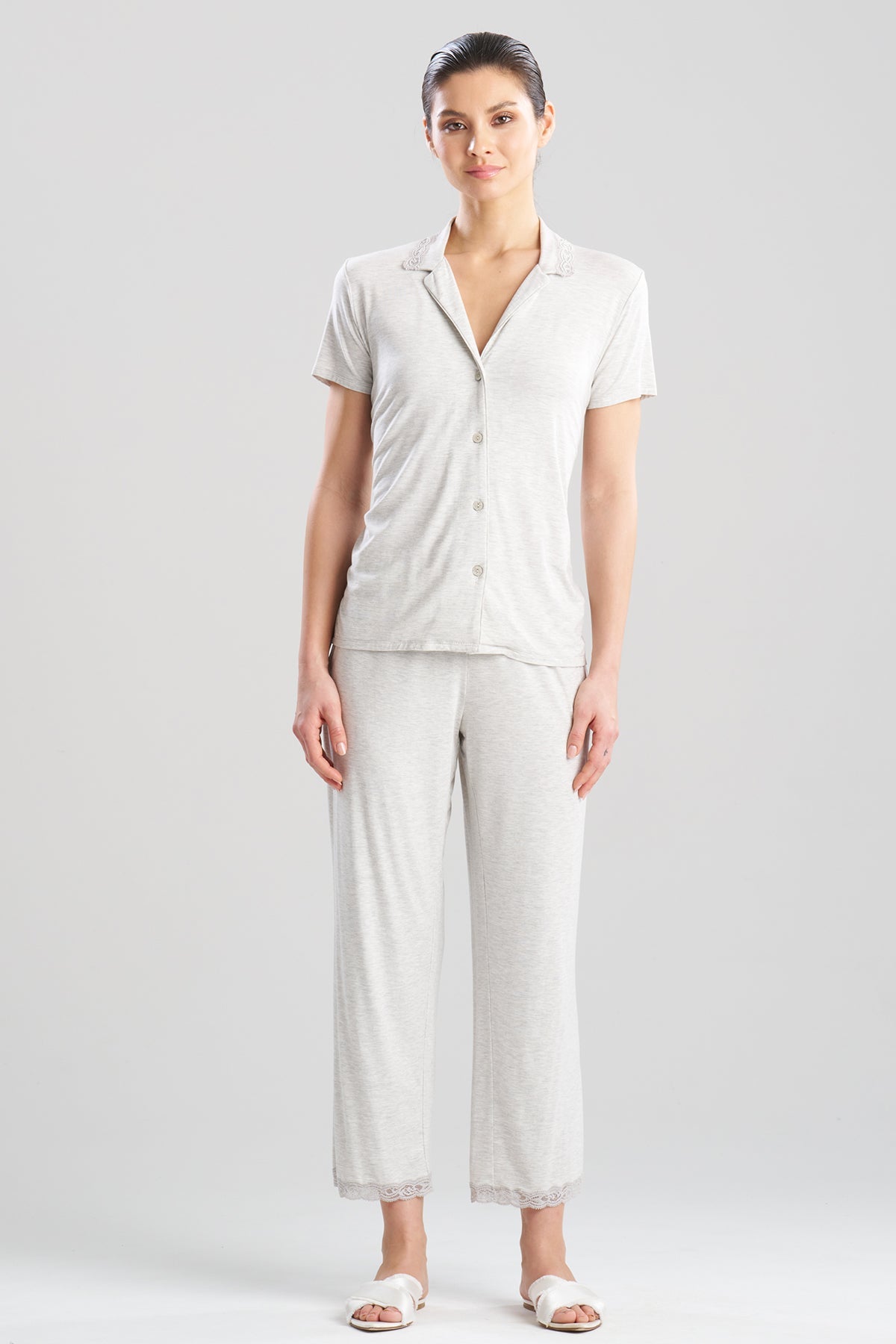 Buy Feathers Essentials Lenzing™ Ecovero™ Viscose Lace Applique Trim PJ in Light Heather Grey Online Light Heather Grey Natori