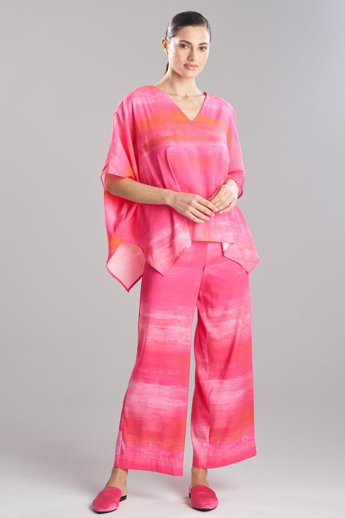 Aurora Printed Satin Caftan Top Pink Poppy Natori