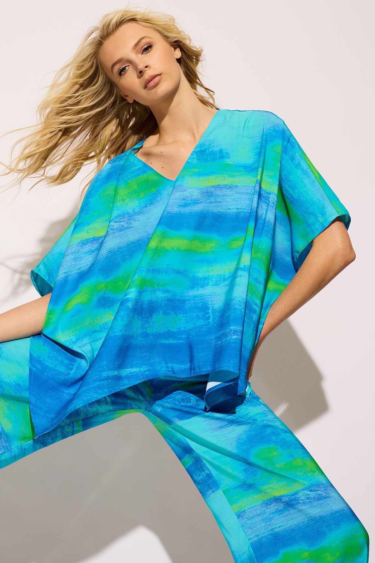 Aurora Printed Satin Caftan Top Azure Natori