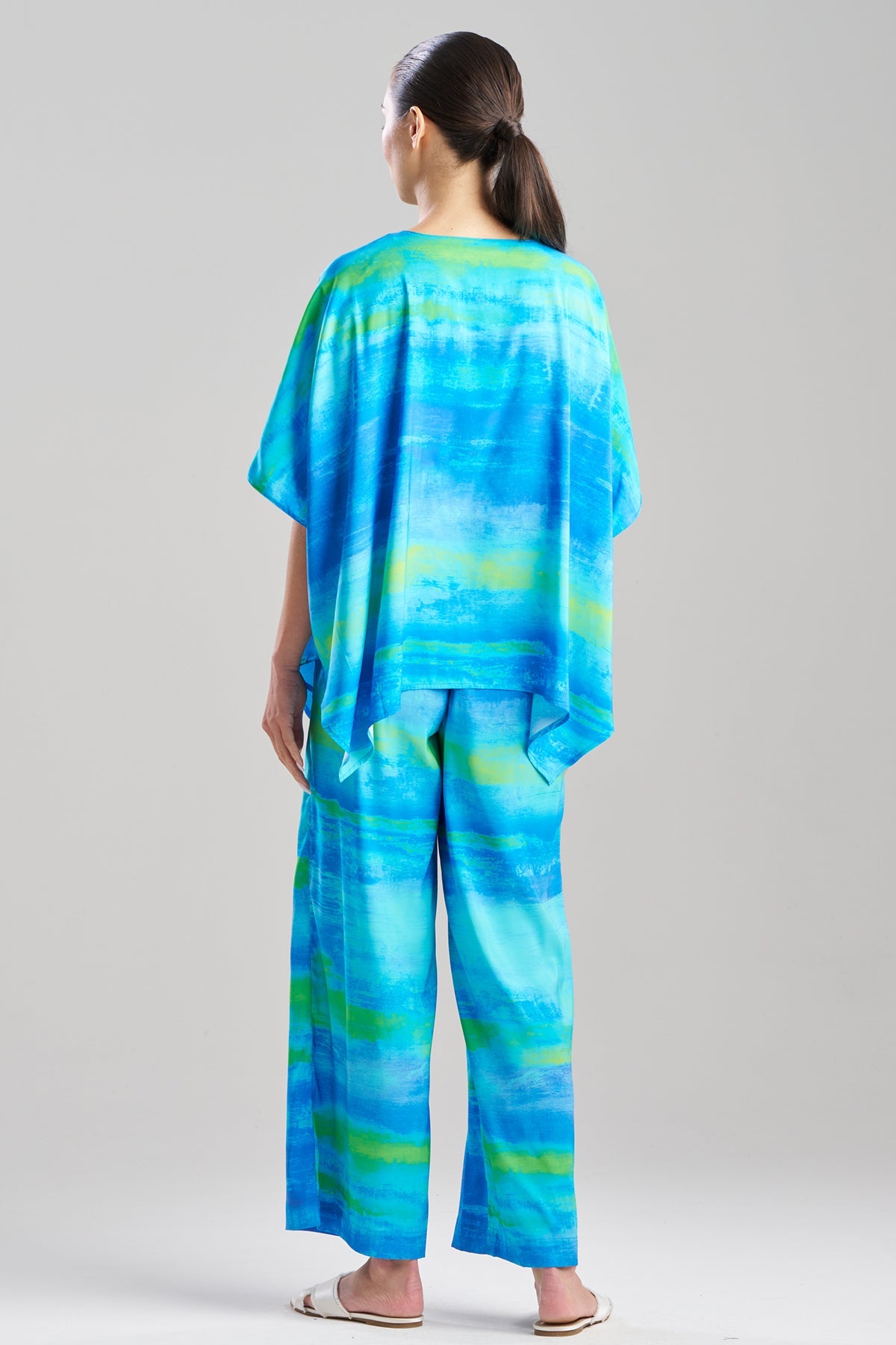 Aurora Printed Satin Caftan Top Azure Natori