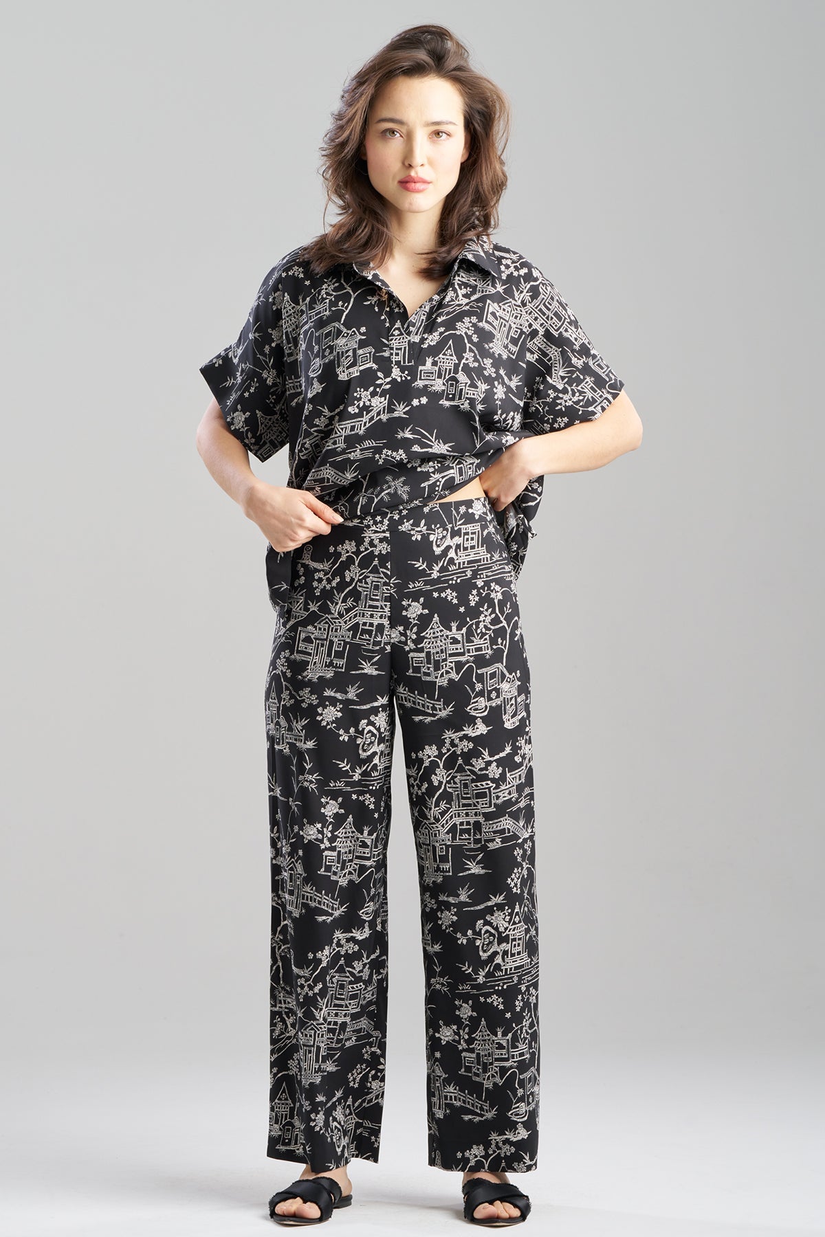 Toile Printed Satin Pants Black Natori