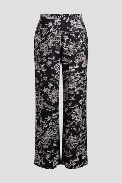 Toile Printed Satin Pants Black Natori
