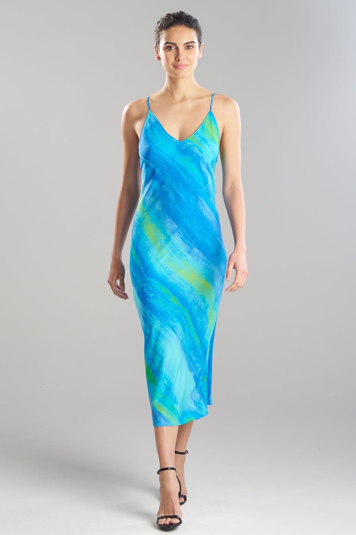 Aurora Printed Satin Slip Dress Azure Natori