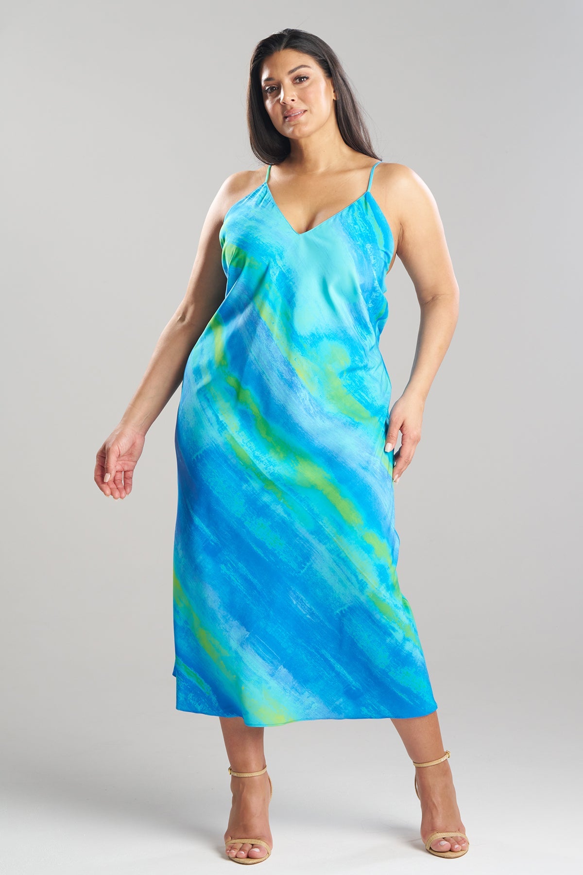 Aurora Printed Satin Slip Dress Azure Natori