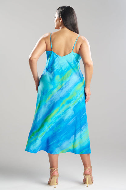 Aurora Printed Satin Slip Dress Azure Natori