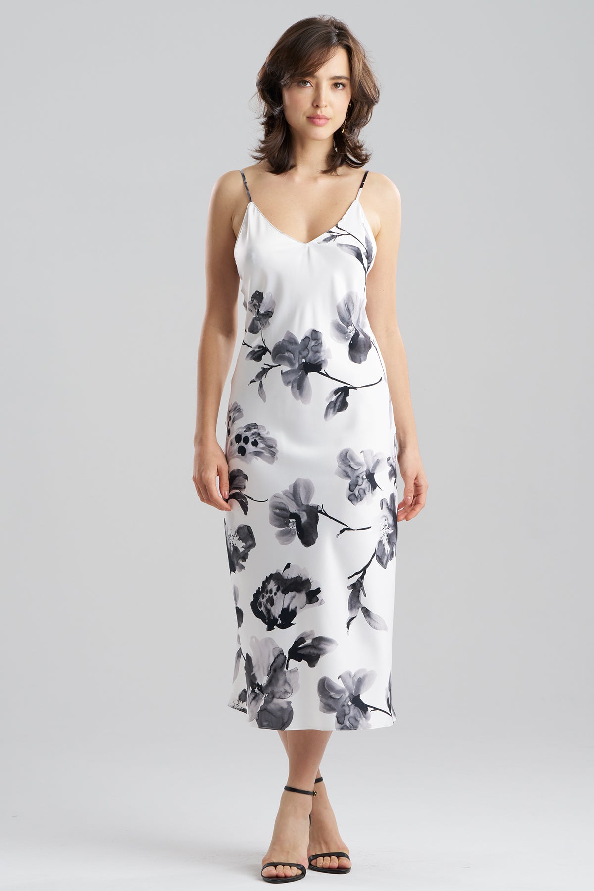 Aurelia Printed Satin Slip Dress Warm White Natori