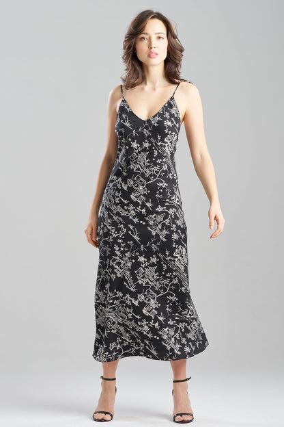 Toile Printed Satin Slip Dress Black Natori