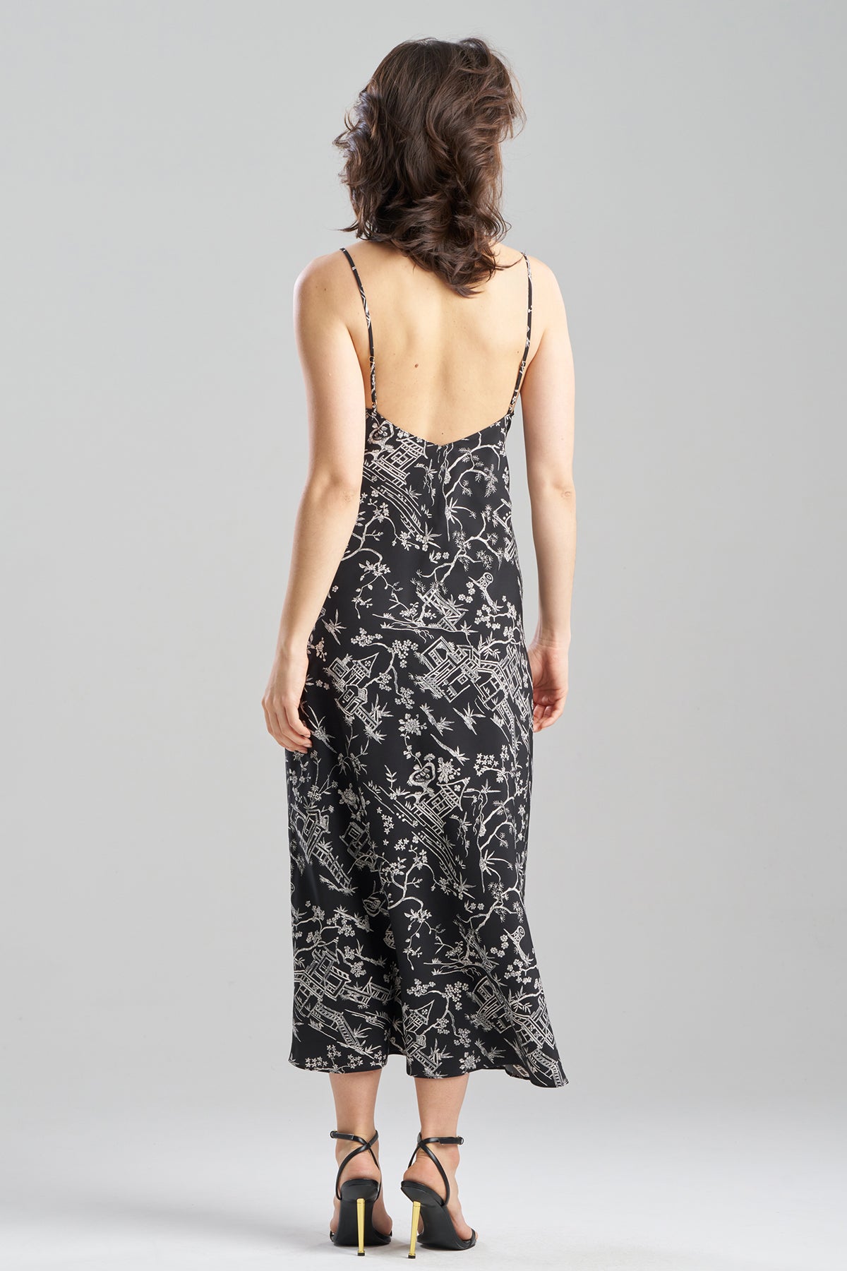 Toile Printed Satin Slip Dress Black Natori