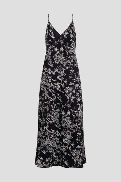 Toile Printed Satin Slip Dress Black Natori