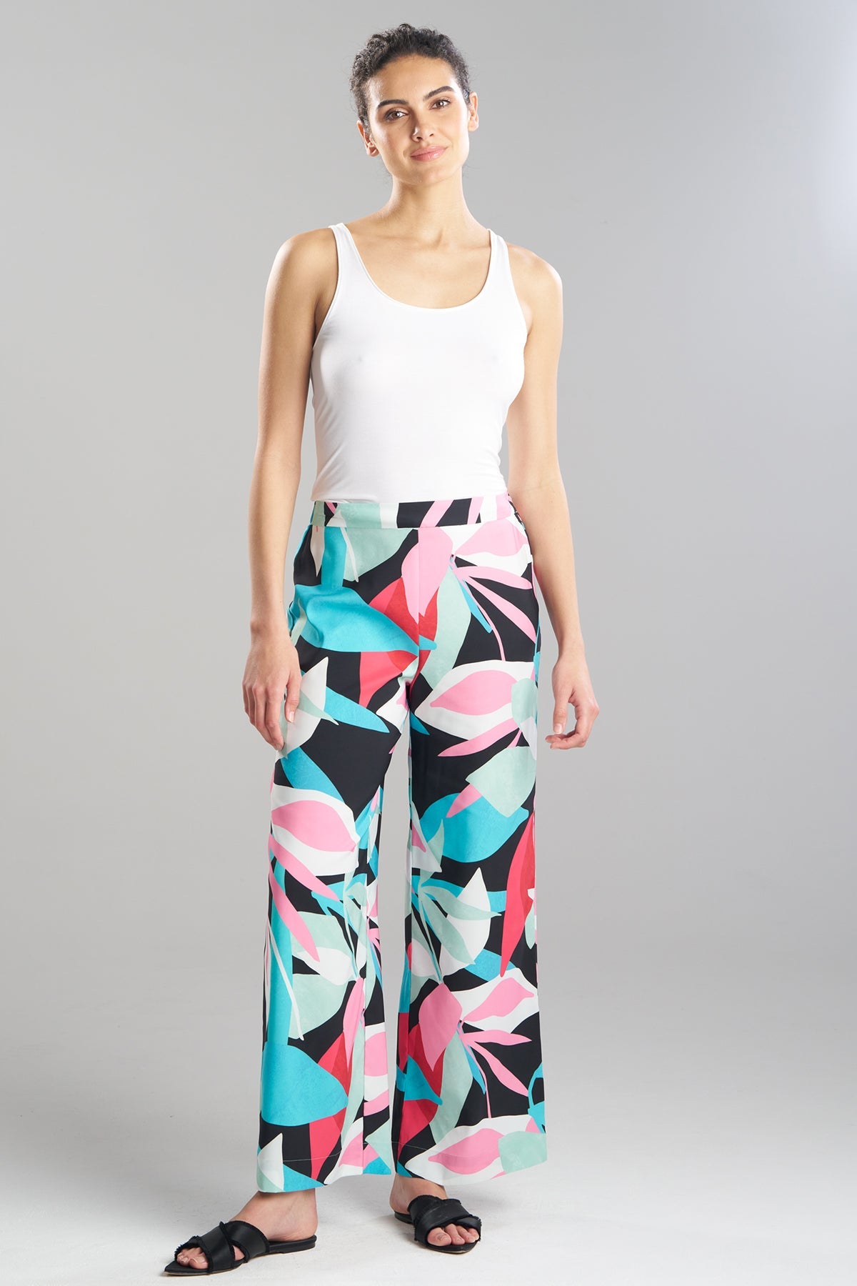 Abstract Palm Printed Satin Pants Multi Natori