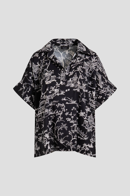 Toile Printed Satin Top Black Natori