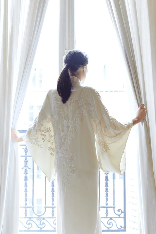 Buy Key Essentials Embroidered Silk Robe in Warm White Online Warm White Natori