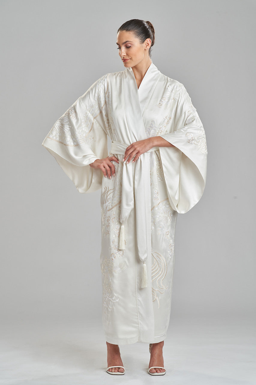 Buy Key Essentials Embroidered Silk Robe in Warm White Online Warm White Natori