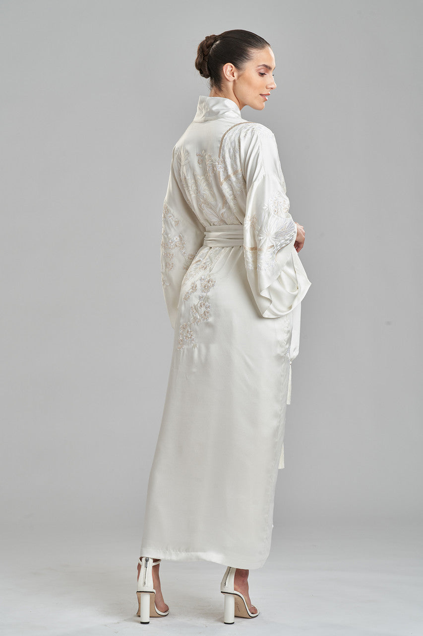 Buy Key Essentials Embroidered Silk Robe in Warm White Online Warm White Natori